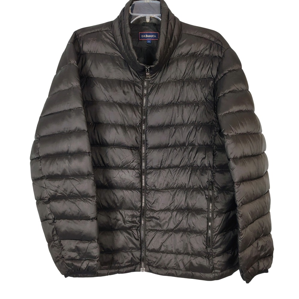 GH Bass Co Mens Large Black Down Puffer Jacket Quilted Full Zip Insulated Coat